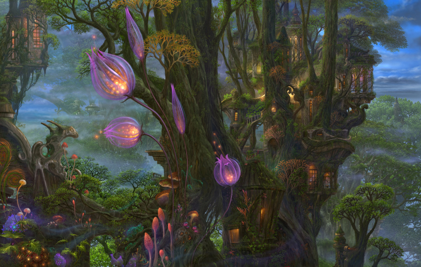 fantasy forest highres nature no_humans original scenery tree treehouse ucchiey