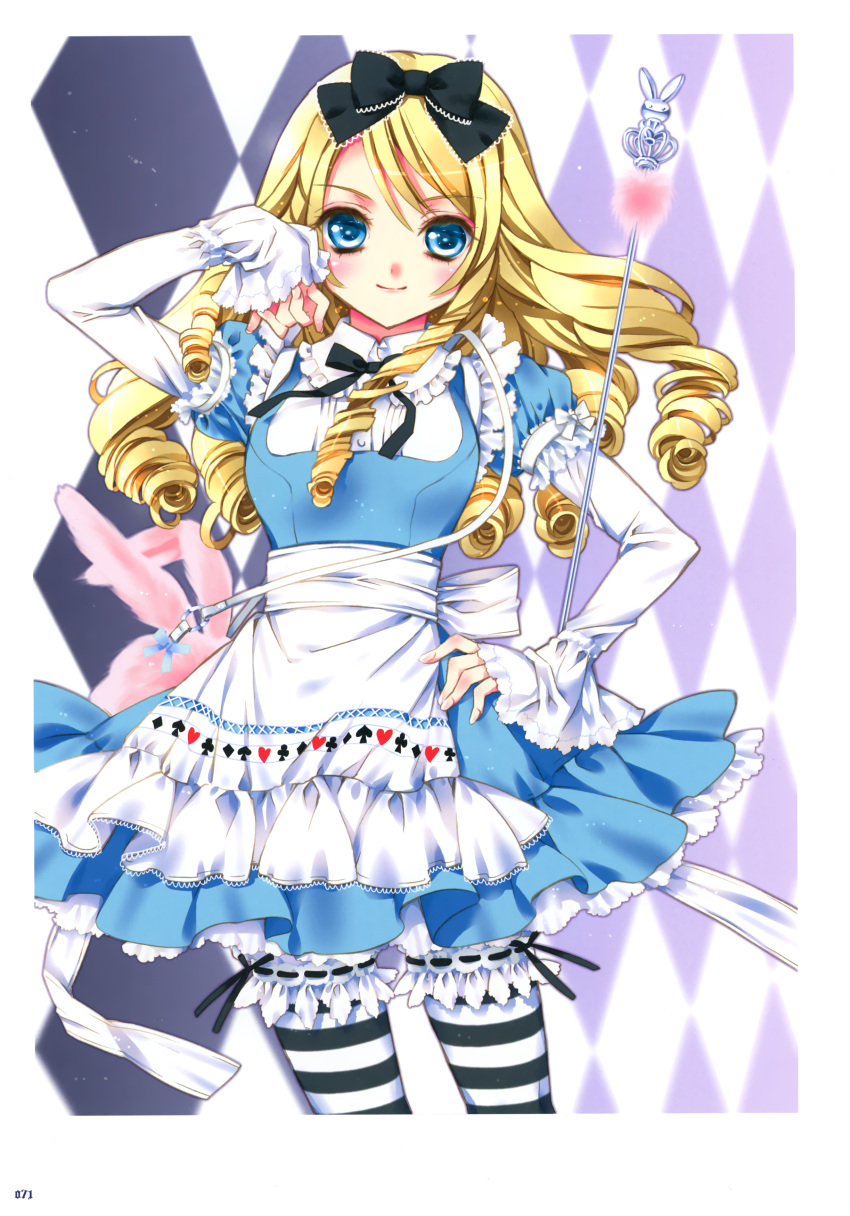 1girl absurdres alice_(pairon) argyle argyle_background black_legwear blonde_hair blue_eyes bow drill_hair hair_bow highres kamiya_maneki long_hair long_sleeves momoiro_taisen_pairon staff striped striped_legwear tagme thigh-highs white_legwear