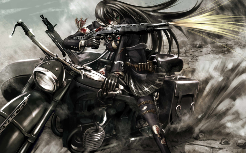 bandages black_hair black_legwear blood bmw goggles green_eyes gun highres injury kouji_oota long_hair machine_gun mg42 motor_vehicle motorcycle original school_uniform shell_casing shotgun sidecar spas-12 thigh-highs tomb_raider torn_clothes vehicle weapon wound