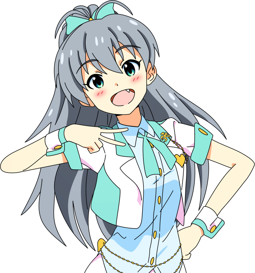 1girl black_hair blush fang ganaha_hibiki hair_bow hand_on_hip highres idolmaster idolmaster_shiny_festa long_hair open_mouth solo teal_eyes v vector wrist_cuffs