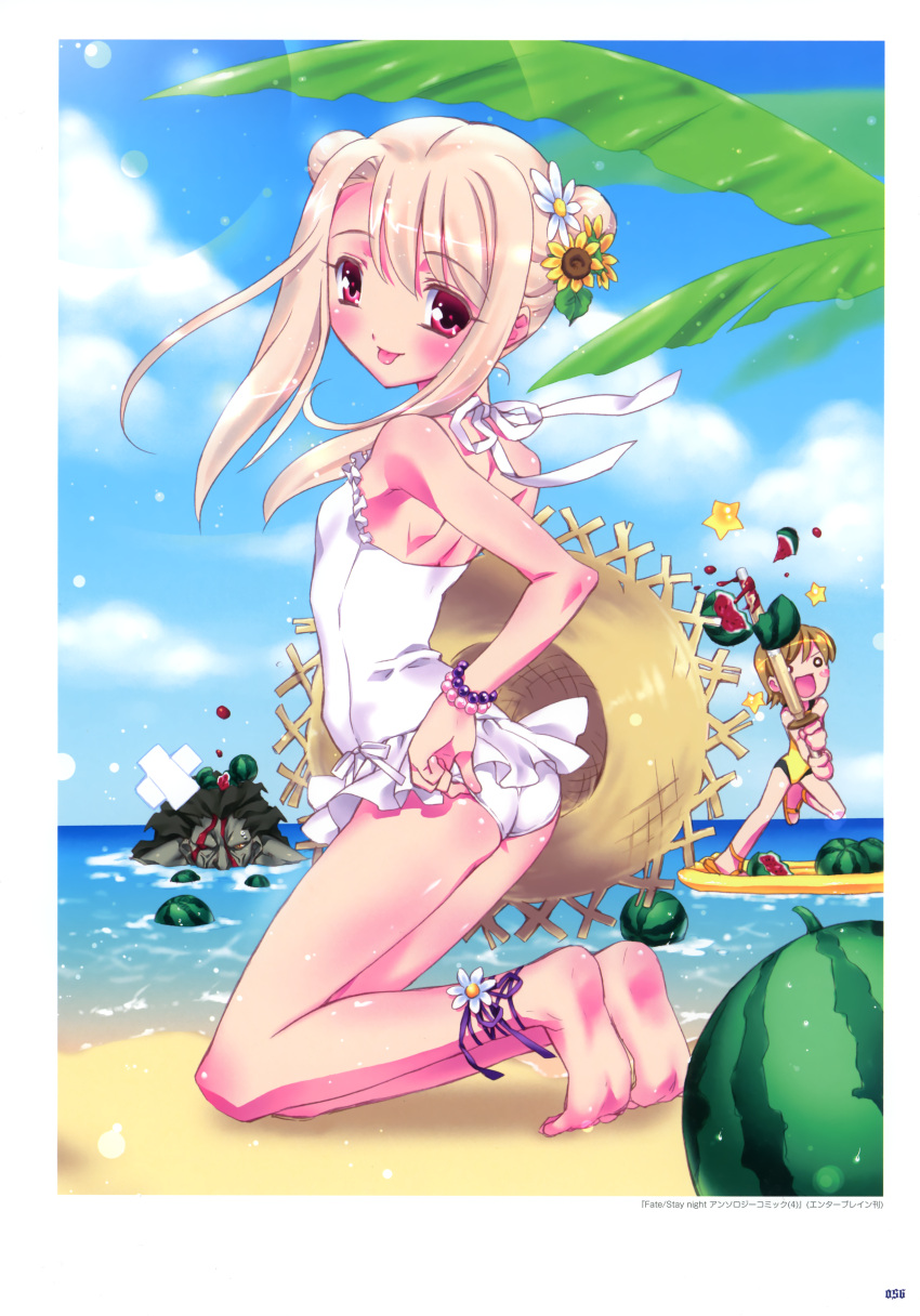 1boy 2girls :d :p absurdres beach berserker blonde_hair brown_hair casual_one-piece_swimsuit clouds fate/stay_night fate_(series) food fruit fujimura_taiga highres illyasviel_von_einzbern kamiya_maneki multiple_girls o_o ocean one-piece_swimsuit open_mouth red_eyes sand shinai sky smile swimsuit sword tagme tongue watermelon weapon