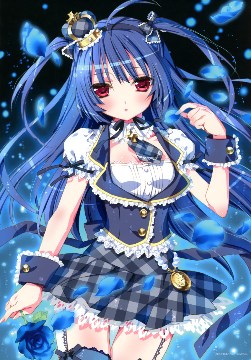 1girl absurdres blue_hair blue_legwear blue_rose dress flower garter_straps highres himeka_(pairon) jewelry kamiya_maneki locket momoiro_taisen_pairon pendant petals rose tagme thigh-highs two_side_up violet_eyes wrist_cuffs