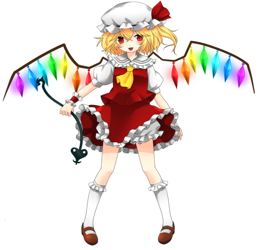 1girl ascot blonde_hair bloomers fang flandre_scarlet hat hat_ribbon highres kneehighs laevatein looking_at_viewer mary_janes mob_cap open_mouth pigeon-toed puffy_short_sleeves puffy_sleeves red_eyes ribbon shoes short_hair short_sleeves side_ponytail simple_background skirt skirt_set solo touhou underwear white_background wings wrist_cuffs yuka_yukiusa