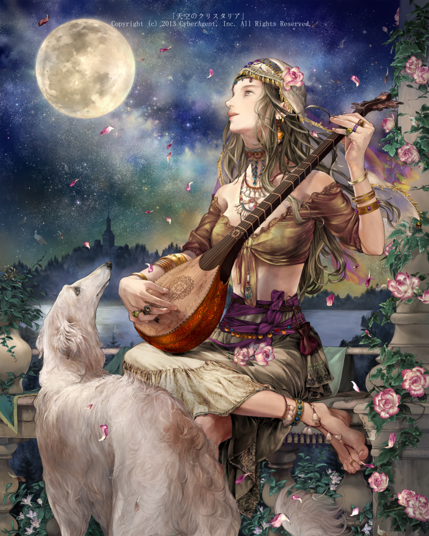 anklet bandana bare_shoulders barefoot barefoot_sandals borzoi bracelet brown_eyes brown_hair column dog flower full_moon highres instrument jewelry long_hair lute_(instrument) moon necklace night night_sky official_art petals pillar plant poncho potted_plant ring roe_(d-c_-b) skirt sky star_(sky) tenkuu_no_crystalia watermark