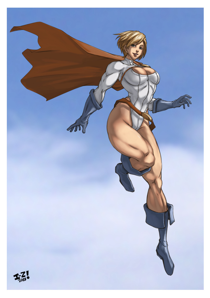 1girl alien belt blonde_hair blue_eyes boots breasts cape cleavage cleavage_cutout dc_comics flying gloves highres irving-zero kryptonian large_breasts leotard muscle power_girl short_hair smile solo superhero