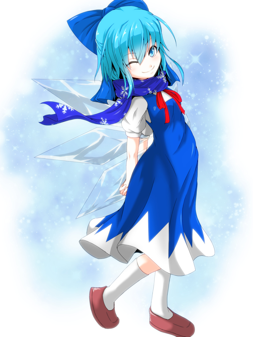 ;) arms_behind_back blue_dress blue_eyes blue_hair blush bow cirno dress hair_bow highres large_bow loafers looking_at_viewer red_ribbon ribbon s-ghost scarf shoes short_hair short_sleeves simple_background smile snow snowflakes socks touhou wings wink