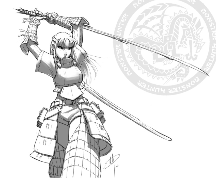 1girl armor breastplate daniel_macgregor faulds forehead_protector huge_weapon lao-shan_lung_(armor) long_hair monochrome monster_hunter pouches scabbard sheath solo sword vambraces weapon