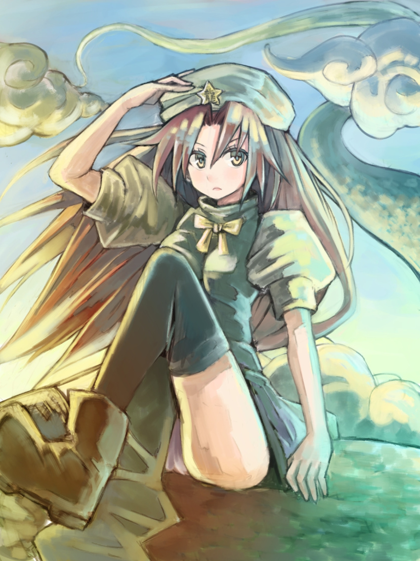 1girl anarogumaaa boots china_dress chinese_clothes clouds green_clothes hat highres hong_meiling lips long_hair mouth redhead ribbon sky solo star thigh-highs touhou underwear yellow_eyes