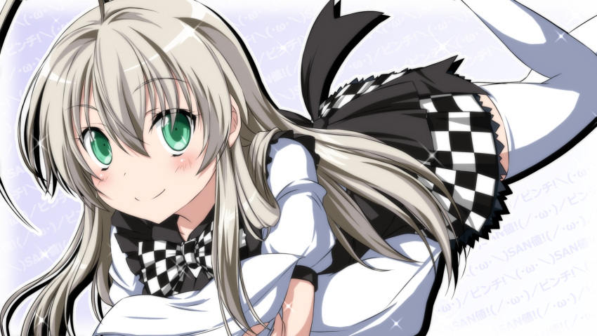 1girl ahoge checkered checkered_skirt green_eyes haiyore!_nyaruko-san highres long_hair nori_tamago nyarlathotep_(nyaruko-san) on_stomach pillow silver_hair skirt thigh-highs