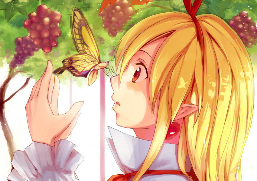 1girl blonde_hair blush butterfly disgaea earrings flonne food fruit grapes hairband highres insect jewelry juu. long_hair pointy_ears red_eyes solo