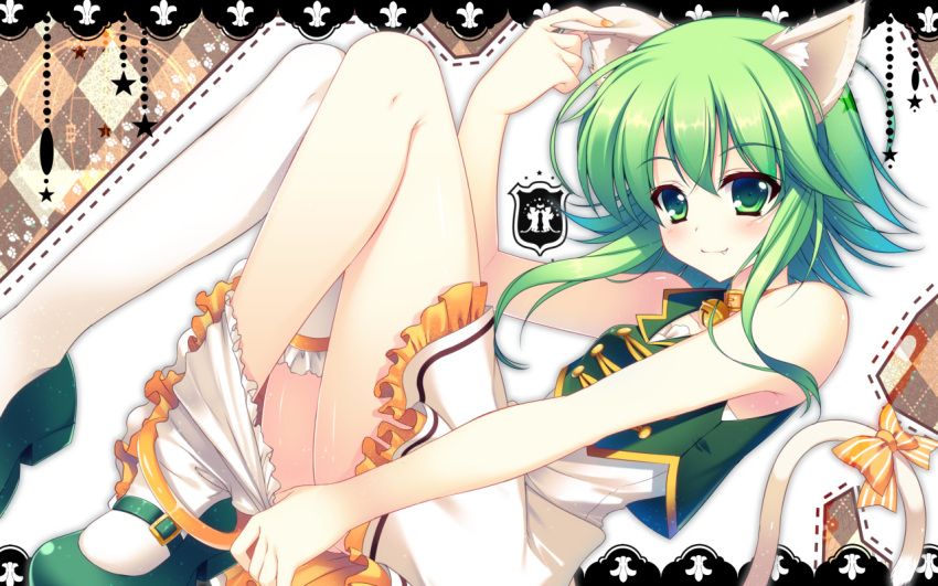 1girl adjusting_thighhigh animal_ears bell bell_collar cat_ears cat_tail collar fang green_eyes green_hair gumi legs legs_up raiou ribbon shoes smile tagme tail tail_ribbon vocaloid