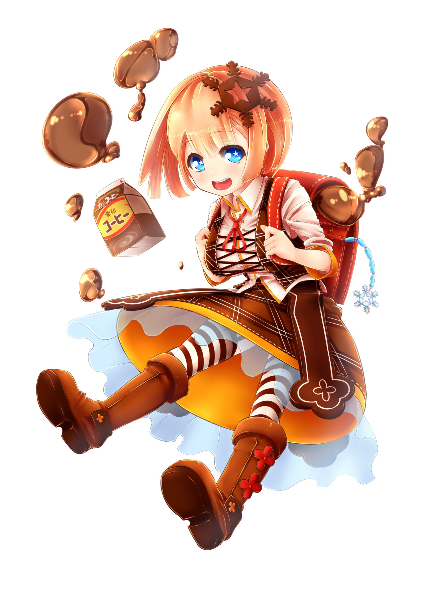 1girl absurdres amatelas bag blonde_hair blush bookbag boots breasts coffee hair_ornament highres open_mouth original pantyhose personification plaid plaid_skirt short_hair simple_background skirt smile snowflakes solo star star-shaped_pupils striped striped_legwear symbol-shaped_pupils white_background