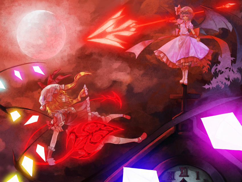 2girls absurdres aerial_battle battle blonde_hair blouse boots bow brooch clock cross eye_contact flandre_scarlet flying full_moon grin hat hat_ribbon highres jewelry knee_boots kneehighs laevatein lavender_hair looking_at_another mary_janes mister_rhino_(wangzisama1001) mob_cap moon multiple_girls outstretched_arm red_eyes red_moon red_sky remilia_scarlet ribbon roman_numerals shoes short_hair short_sleeves siblings side_ponytail sisters skirt skirt_set sky slit_pupils smile spear_the_gungnir touhou white_legwear wings wrist_cuffs