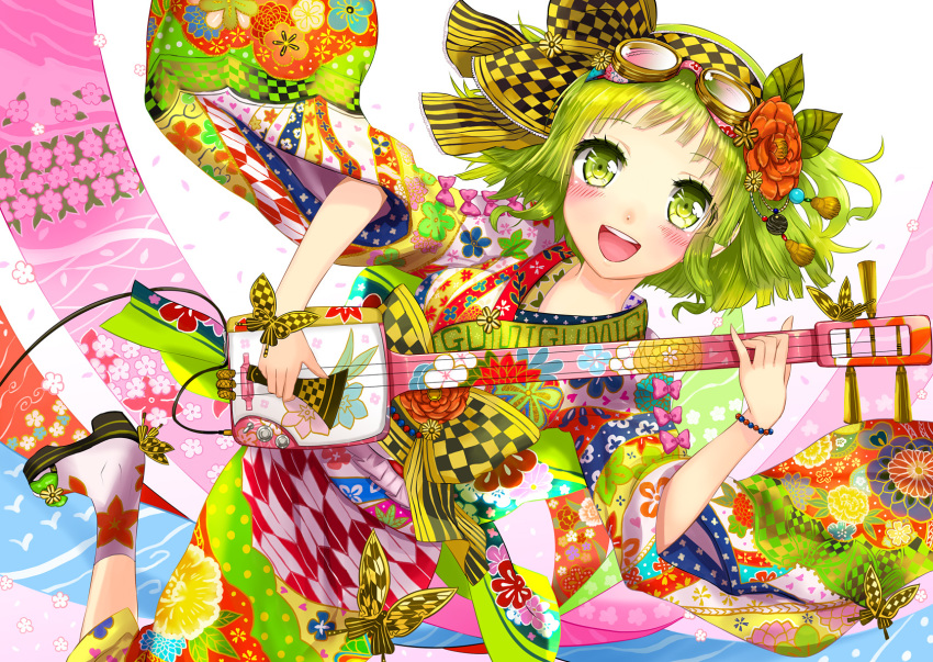 1girl :d blush butterfly cable flower goggles goggles_on_head green_eyes green_hair gumi hair_flower hair_ornament highres instrument japanese_clothes kanipanda kimono obi open_mouth shamisen short_hair smile tabi vocaloid