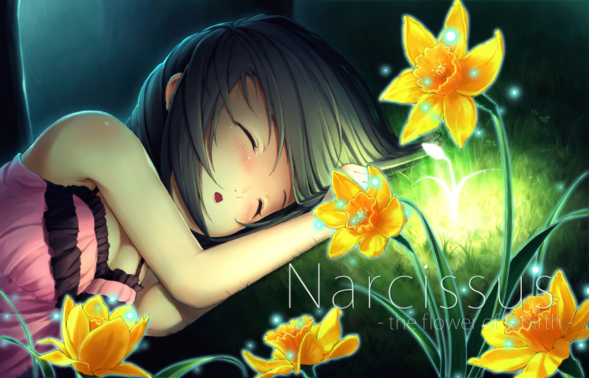 1girl armais_(me-chan337) bare_arms bare_shoulders blush breasts cleavage closed_eyes flower glowing on_ground open_mouth original short_hair sleeping solo