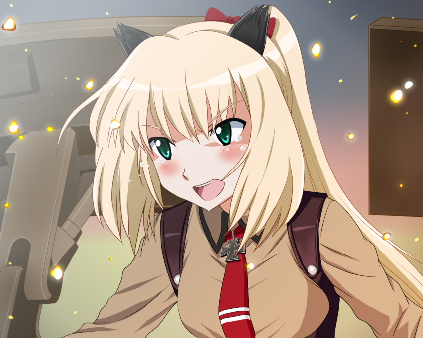 animal_ears blonde_hair bow charlotte_(strike_witches) crying green_eyes hair_bow iron_cross long_hair military military_uniform necktie novram58 open_mouth ponytail strike_witches striker_unit tears uniform