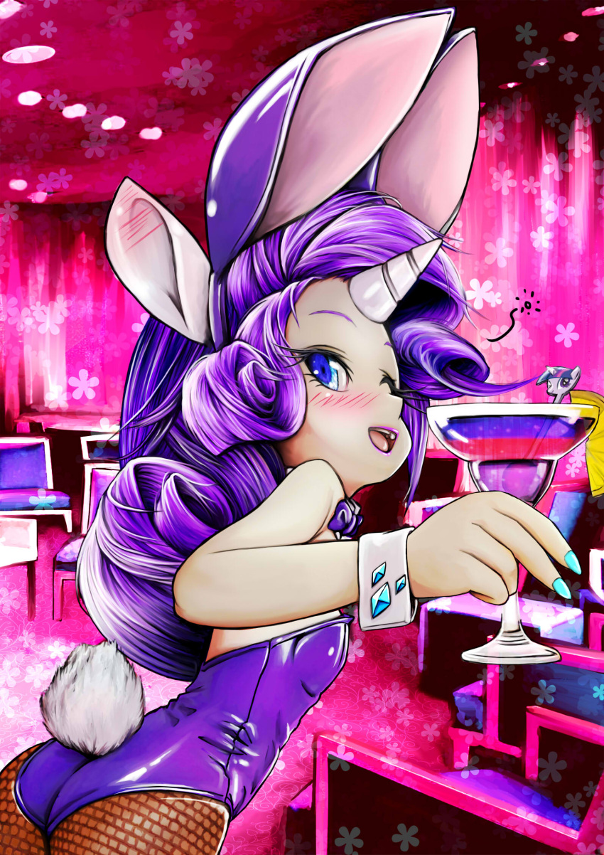 1girl animal_ears ass bare_shoulders blue_eyes blush bunny_girl bunny_tail bunnysuit chair closed_eyes curly_hair diamond fake_animal_ears fingers fishnet_pantyhose fishnets highres horn long_hair makeup my_little_pony my_little_pony_friendship_is_magic nail_polish pantyhose personification purple_hair rabbit_ears rarity solo tail twilight_sparkle wink wrist_cuffs