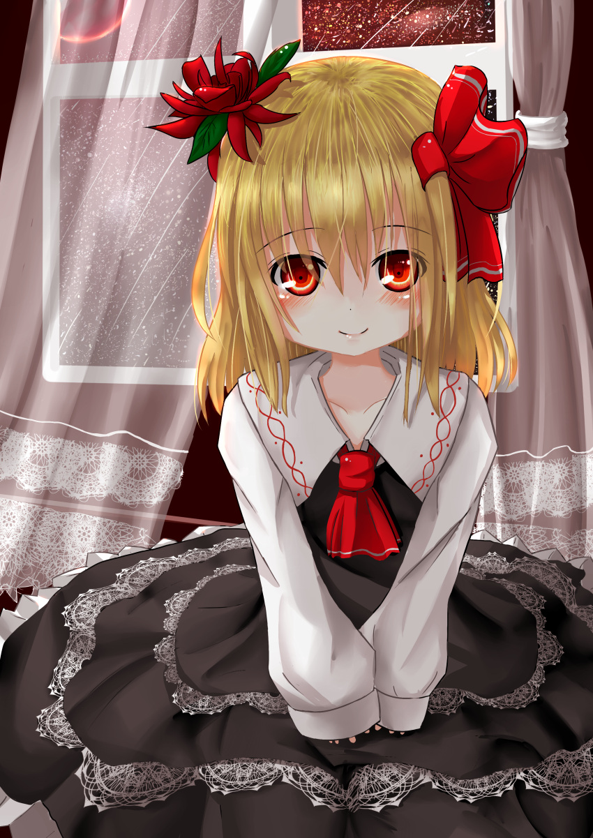 1girl absurdres adapted_costume alternate_hair_length alternate_hairstyle ascot blonde_hair blush collarbone curtains flower hair_flower hair_ornament hair_ribbon hands_in_sleeves highres interior lace lips long_hair long_sleeves looking_at_viewer miutolily moon night night_sky red_eyes red_moon ribbon rumia seiza sitting sky smile solo touhou v_arms window