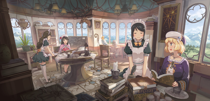 4girls bird black_hair blonde_hair blue_eyes blush book book_stack candle chair closed_eyes ddal deer_head hair_ornament hair_ribbon hairclip hat indoors long_hair maid maid_headdress multiple_girls open_book open_mouth original paper picture_(object) quill red_eyes ribbon short_hair sitting smile table thigh-highs white_legwear window