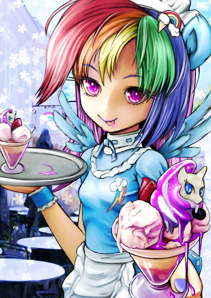 1girl animal_ears apron artist_request fluttershy food hair_ornament highres ice_cream long_hair maid_headdress makeup multicolored_hair my_little_pony my_little_pony_friendship_is_magic nail nail_polish personification rainbow_dash solo table tagme tongue tongue_out violet_eyes waiter wings