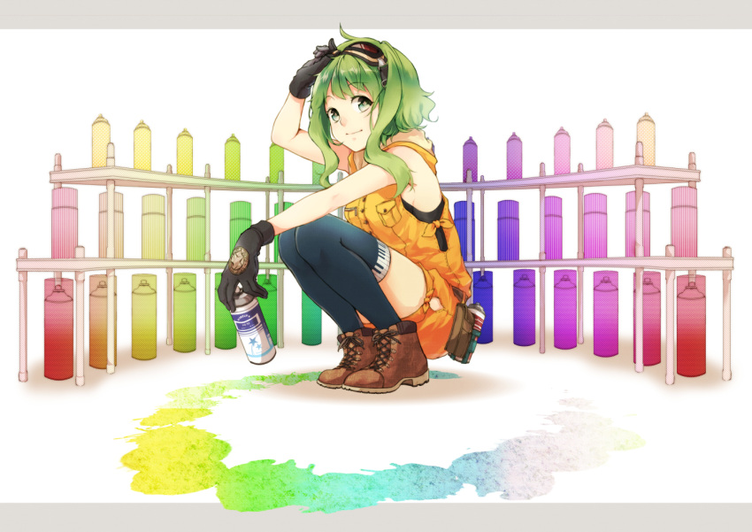 1girl boots gloves goggles goggles_on_head green_eyes green_hair gumi kei_(k_tmr) paint piano_print smile spray_can thigh-highs vocaloid
