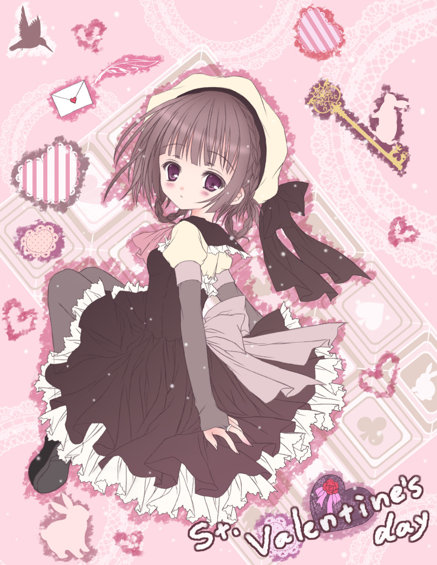 1girl bird bow brown_hair clover dress envelope frills gloves hat heart highres jewelry key letter mary_janes mubi_alice original pantyhose rabbit ring shoes solo spade stitching valentine violet_eyes