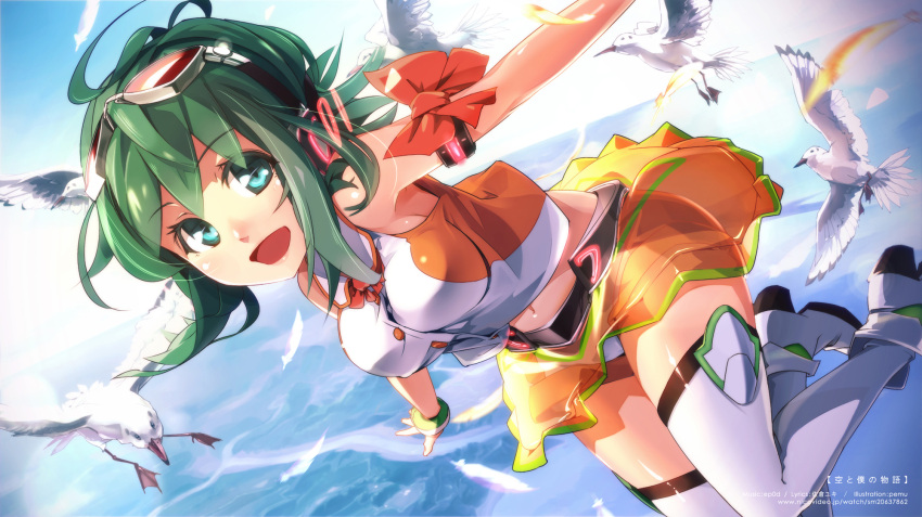1girl :d ahoge aqua_eyes armband bare_shoulders bird boots dutch_angle feathers flying goggles goggles_on_head green_hair gumi headphones highres midriff navel open_mouth outstretched_arms pomon_illust seagull see-through short_hair skirt smile solo spread_arms thigh-highs thigh_boots vocaloid white_legwear