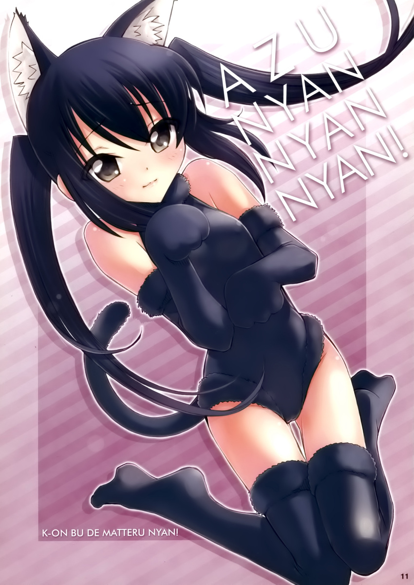 1girl animal_ears black_hair brown_eyes cat_ears cat_tail elbow_gloves gloves highres ichiba_ko'ushi k-on! leotard nakano_azusa paw_pose solo tail thigh-highs twintails