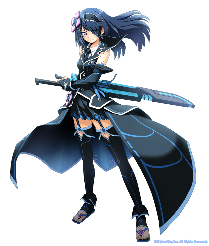 1girl absurdres barefoot blue_eyes blue_hair cosmic_break covering_one_eye detached_sleeves earrings feet garter_belt gloves hair_ornament headband highres insignia jewelry long_coat long_hair luto_mikazuchi morizo_cs sandals solo sword thigh-highs toenail_polish toenails toes weapon