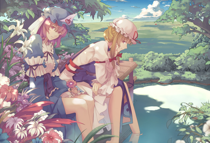 2girls blonde_hair bow flower hair_bow hat hat_ribbon highres japanese_clothes kimono liuli long_hair looking_at_viewer multiple_girls pink_eyes pink_hair pond purple_hair railroad_tracks ribbon saigyouji_yuyuko short_hair sitting smile soaking_feet touhou tree triangular_headpiece yakumo_yukari