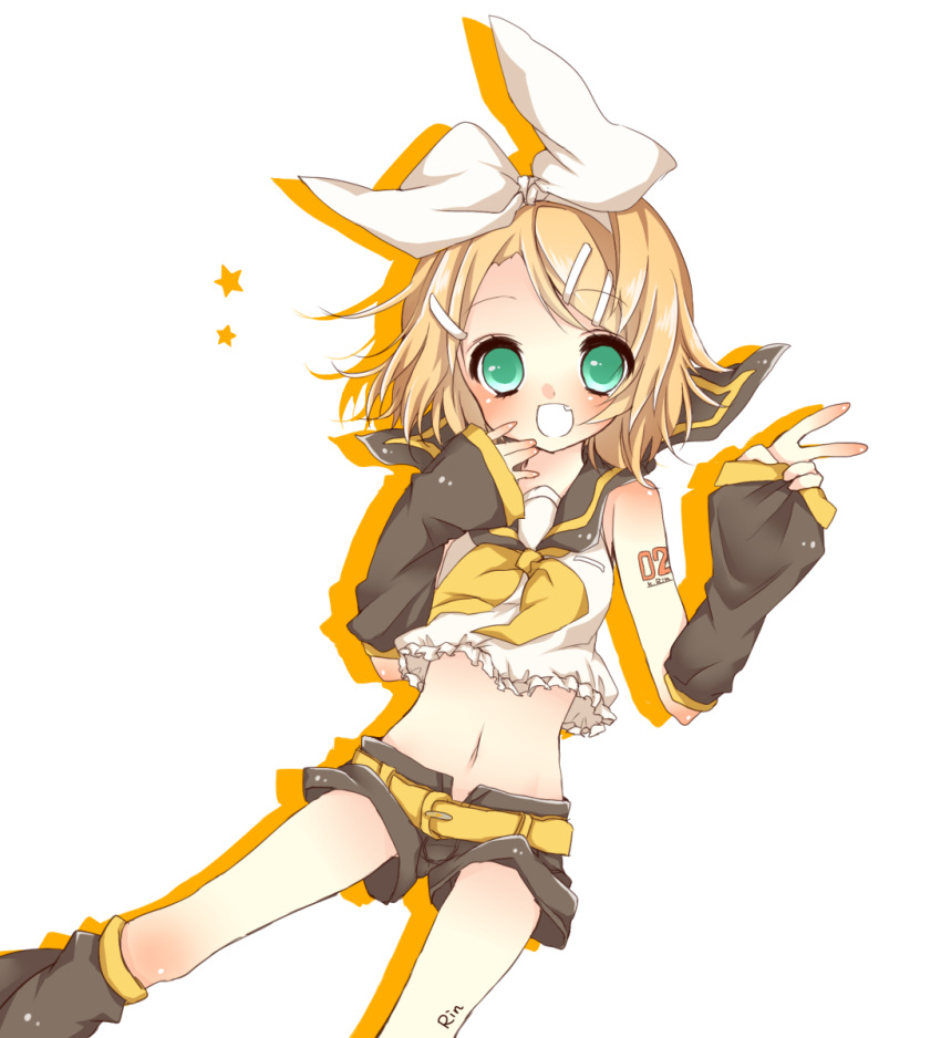 1girl blonde_hair blush character_name colored erioxx green_eyes highres kagamine_rin looking_at_viewer open_mouth short_hair simple_background smile solo vocaloid white_background