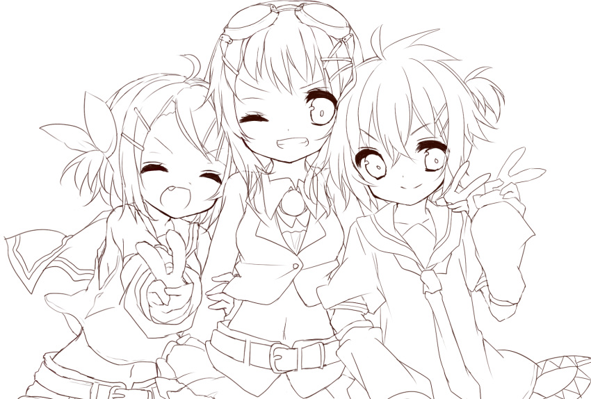 1boy 2girls gumi highres inaresi kagamine_len kagamine_rin lineart long_hair looking_at_viewer monochrome multiple_girls short_hair smile vocaloid