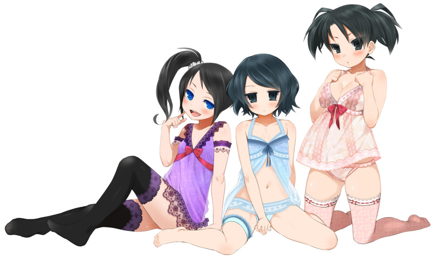 3girls agemono arm_garter babydoll barefoot black_eyes black_hair black_legwear blue_eyes blue_panties blush breasts camisole cleavage highres kneeling lace lace-trimmed_thighhighs large_breasts leg_garter long_hair multiple_girls navel original panties pink_legwear pink_panties short_hair short_twintails side_ponytail simple_background sitting smile thigh-highs twintails underwear underwear_only wariza white_background