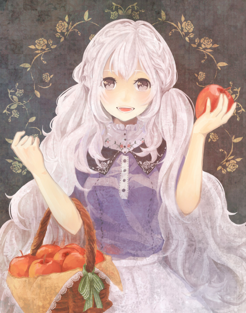 1girl :d apple basket fangs food fruit highres kei_(k_tmr) lavender_eyes lavender_hair long_hair open_mouth original smile solo very_long_hair