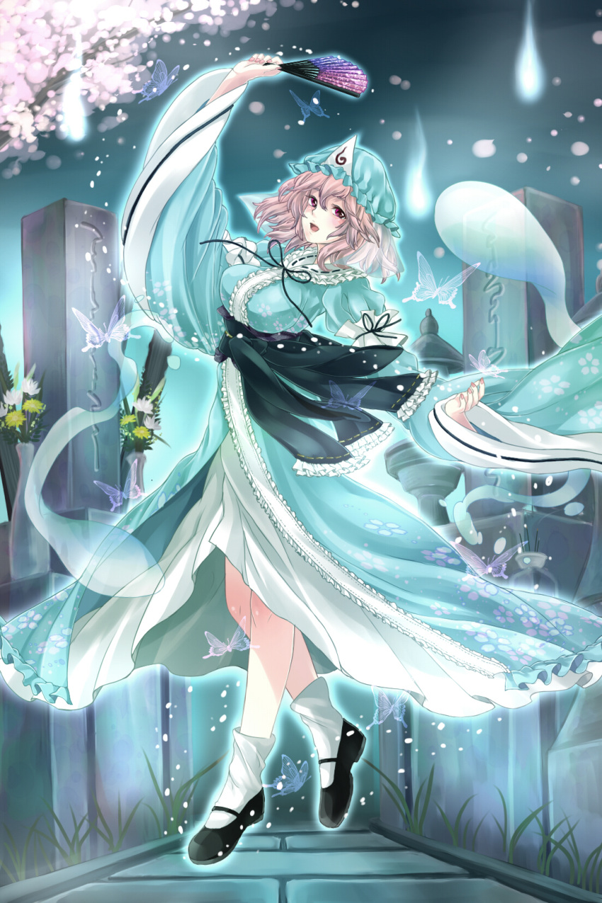 1girl aura breasts butterfly cherry_blossoms clumeal fan floating floral_print flower folding_fan grass graveyard hat highres hitodama japanese_clothes obi open_mouth pink_eyes pink_hair ribbon saigyouji_yuyuko shoes short_hair smile socks solo tombstone touhou tree triangular_headpiece wide_sleeves