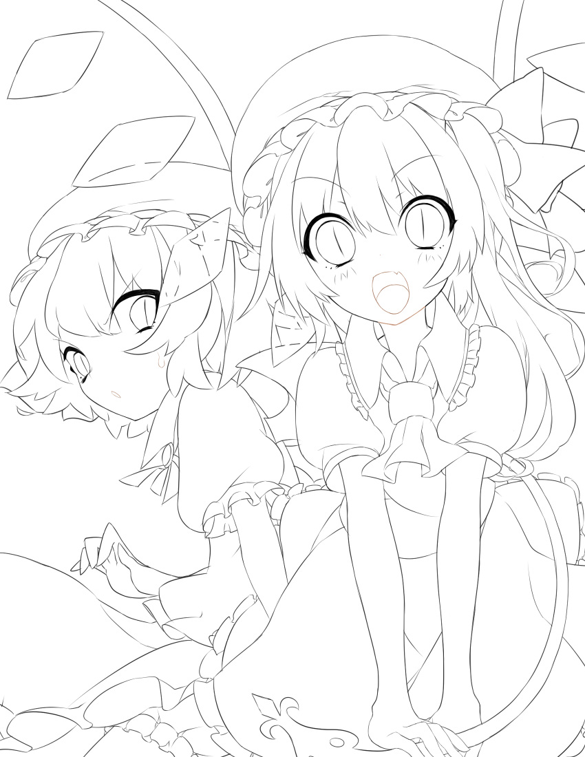 2girls ascot bat_wings blonde_hair bloomers brooch fang flandre_scarlet hat hat_ribbon highres jewelry laevatein lineart looking_at_viewer moffri monochrome multiple_girls open_mouth puffy_sleeves remilia_scarlet ribbon shirt short_sleeves siblings side_ponytail sisters skirt skirt_set slit_pupils smile surprised touhou underwear v_arms wings