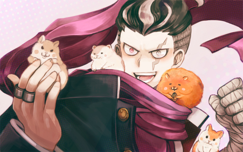 1boy hamster heterochromia male open_mouth scarf seed smile sunflower_seed super_dangan_ronpa_2 tanaka_gandamu