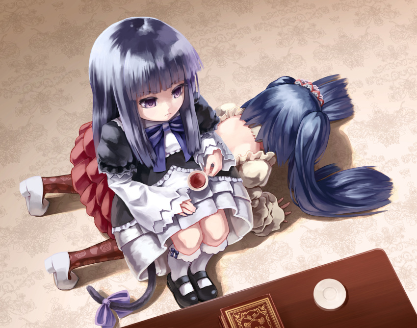 2girls all_fours blue_hair bow cat_tail cup dress floral_print frederica_bernkastel from_above furudo_erika hair_ornament highres human_chair human_furniture jet-waltz kneehighs mary_janes multiple_girls pantyhose saucer shoes sitting sitting_on_person table tail tea teacup twintails umineko_no_naku_koro_ni violet_eyes white_legwear