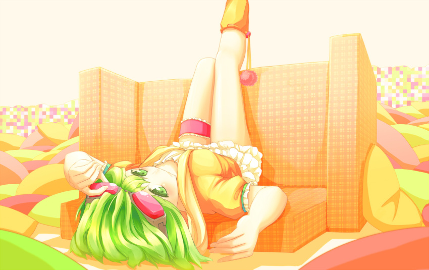 1girl boots couch dararito goggles goggles_on_head green_eyes green_hair gumi lying pillow short_hair vocaloid