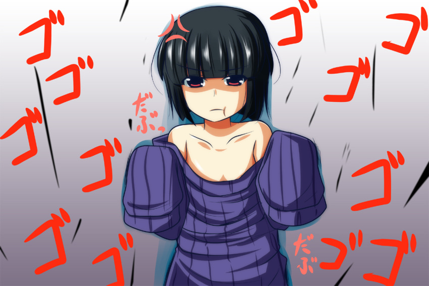 1girl :t anger_vein bare_shoulders black_hair flat_chest nishi_koutarou no_bra original oversized_clothes pout red_eyes ribbed_sweater scowl short_hair solo sweater