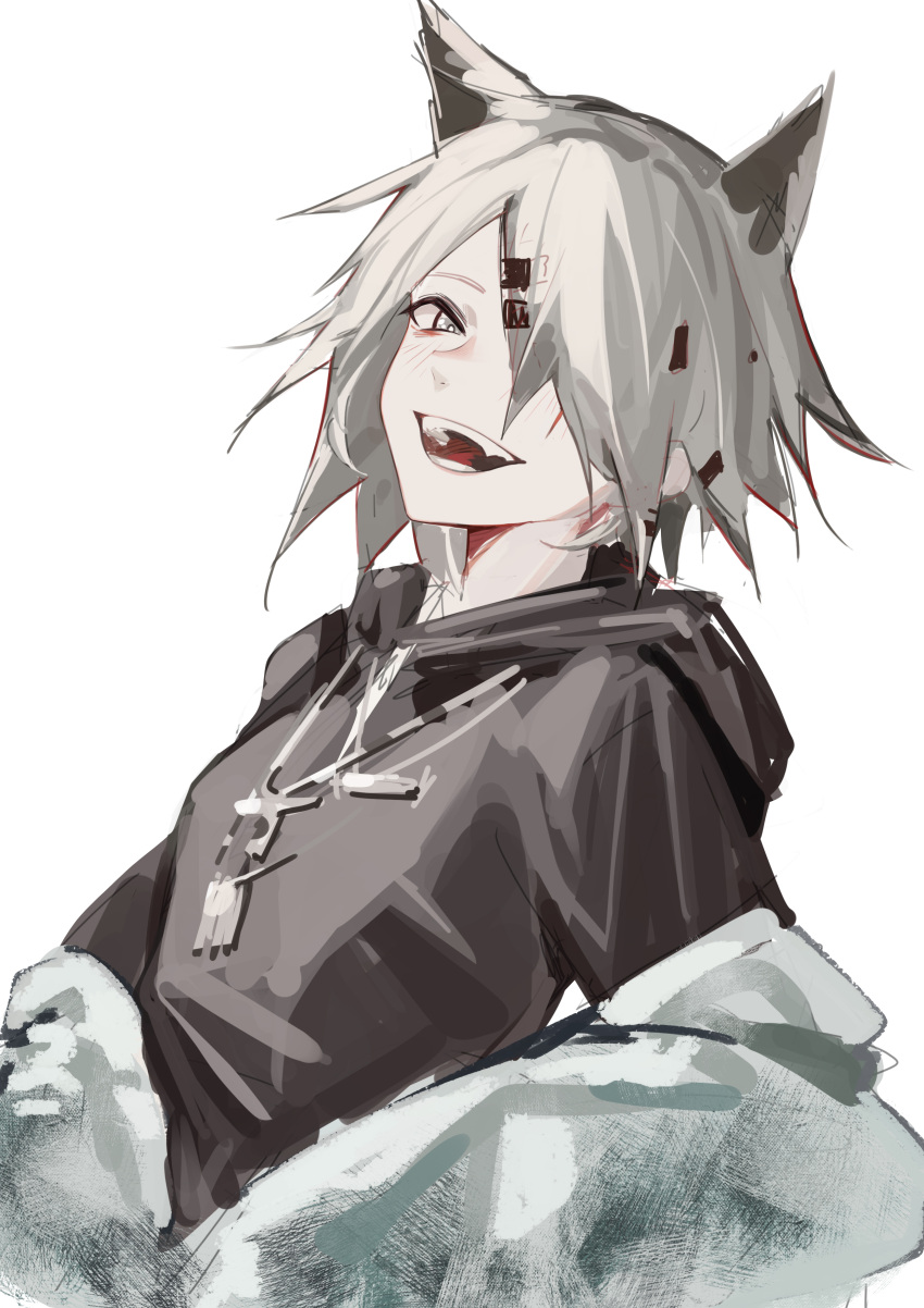 1girl absurdres alternate_hair_length alternate_hairstyle animal_ears arknights black_hoodie grey_eyes grey_hair hair_ornament highres hood hood_down hoodie jacket jewelry krin lappland_(ambience_synesthesia)_(arknights) lappland_(arknights) light_blush looking_at_viewer necklace off_shoulder official_alternate_costume open_mouth sharp_teeth short_hair simple_background smile solo teeth upper_body white_background white_jacket wolf_ears