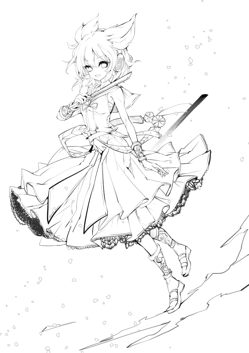 1girl cercis earmuffs highres monochrome open_mouth ritual_baton short_hair skirt smile solo touhou toyosatomimi_no_miko