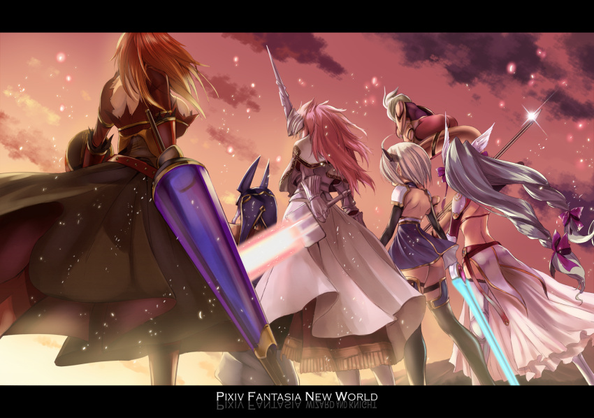 4girls armor back black_legwear blonde_hair bow dual_wielding english flying from_behind fukai_ryousuke gauntlets greaves hair_bow hair_ornament head_wings helmet horns lance letterboxed lineup long_hair multiple_girls pixiv_fantasia pixiv_fantasia_new_world polearm redhead short_hair silver_hair sky sword thigh-highs title_drop twintails weapon