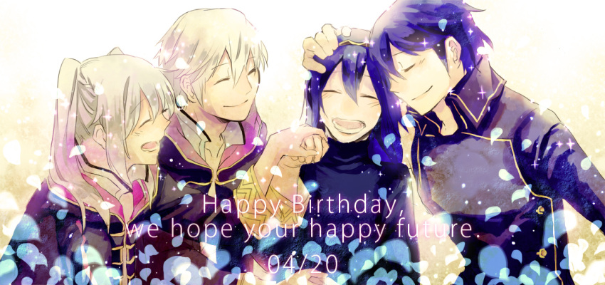 2boys 2girls blue_hair cloak father_and_daughter fire_emblem fire_emblem:_kakusei happy_birthday krom long_hair lucina moppect multiple_boys multiple_girls my_unit twintails white_hair