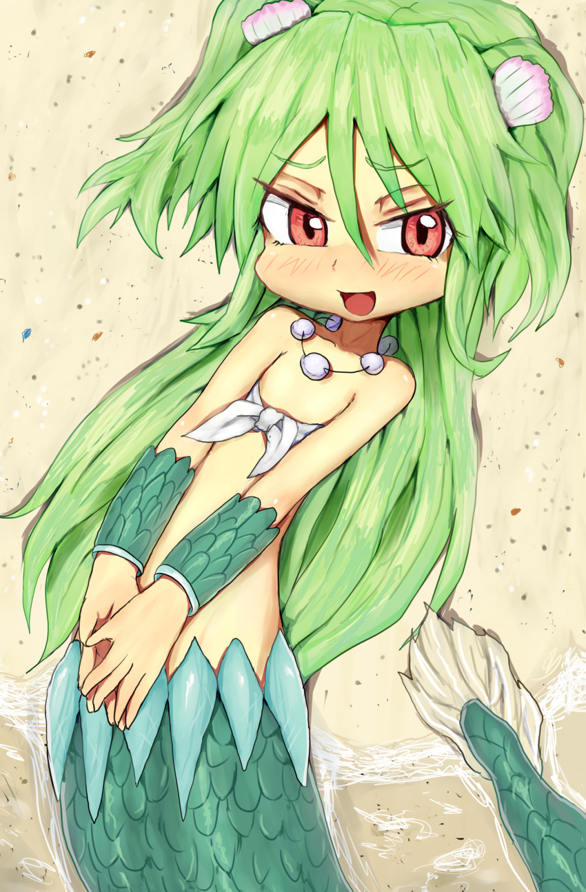 1girl absurdres fish_tail green_hair hayake_(chenran) highres jewelry long_hair mermaid monster_girl muromi-san namiuchigiwa_no_muromi-san necklace red_eyes scales seashell shell smile solo twintails