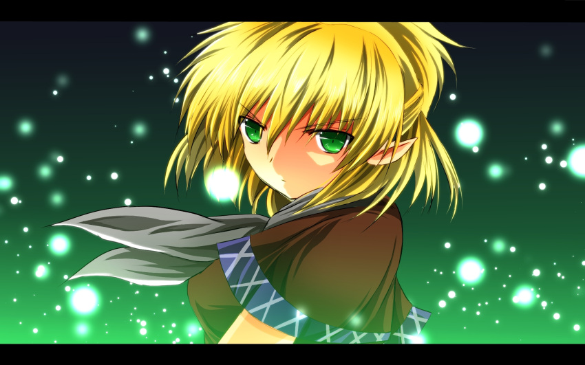 1girl :o ascot blonde_hair blouse bust gradient gradient_background green_background green_eyes head_tilt highres letterboxed light_particles looking_at_viewer mizuhashi_parsee nekominase pointy_ears short_hair solo touhou tsurime wind_lift