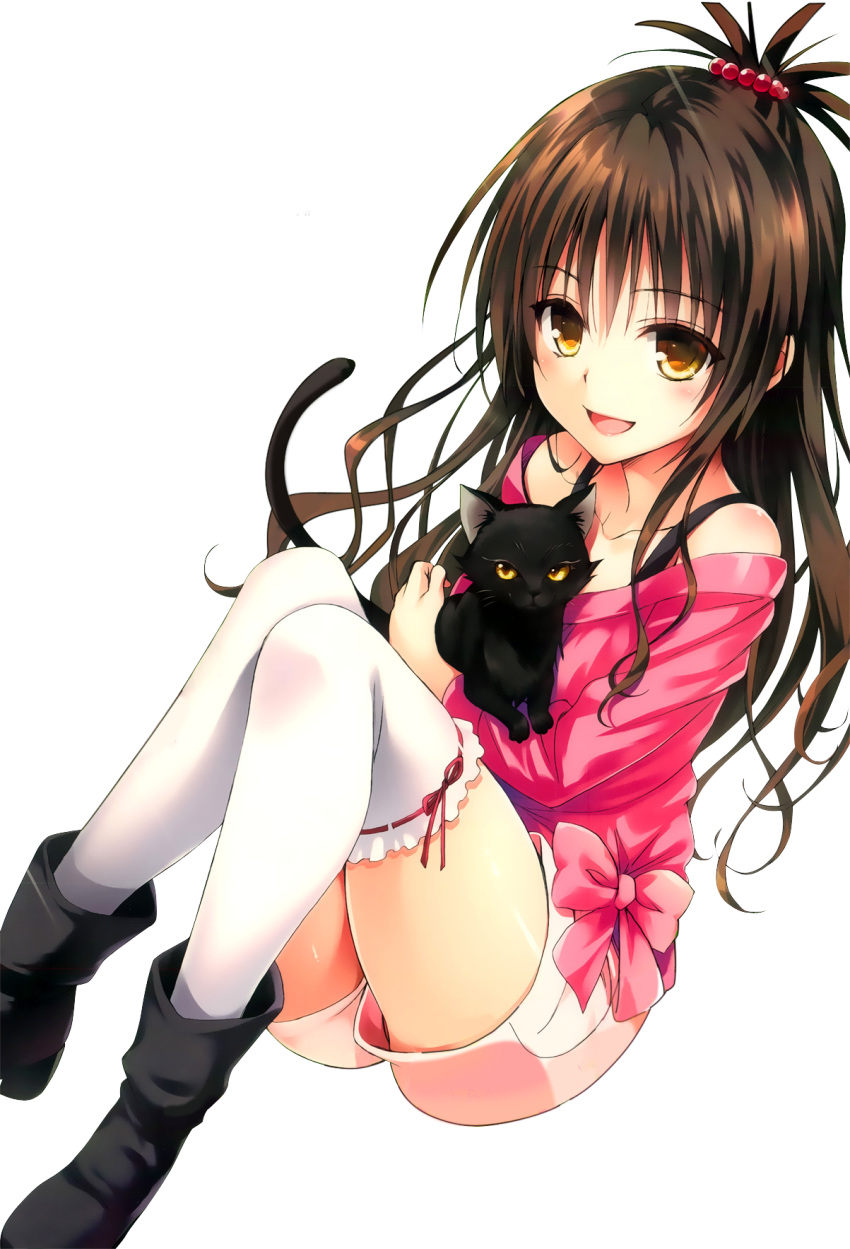 1girl :d bare_shoulders boots brown_eyes brown_hair cat collarbone detexted hair_ornament highres looking_at_viewer open_mouth photoshop scan shorts simple_background sitting smile solo thigh-highs to_love-ru to_love-ru_darkness white_background white_legwear yabuki_kentarou yuuki_mikan