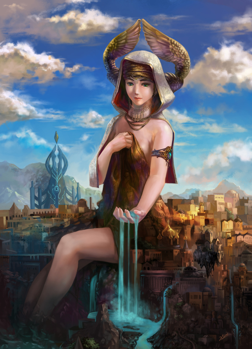 1girl absurdres brown_hair building cityscape floating_island giant giantess green_eyes head_wings highres hins hood jewelry necklace original short_hair sitting solo water waterfall