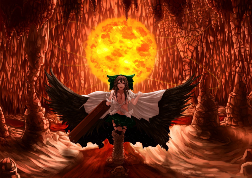 1girl arm_cannon bird_wings bow breasts brown_hair cape chaki_(emeraldia) clenched_hand hair_bow highres large_breasts light_trail lips long_hair looking_at_viewer molten_rock nose parted_lips puffy_short_sleeves puffy_sleeves red_eyes reiuji_utsuho scar short_sleeves skirt solo stalactite star_print sun thigh-highs third_eye torn_clothes touhou underground weapon