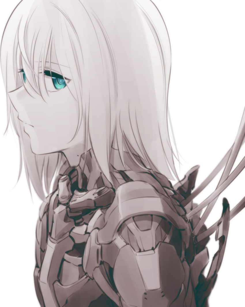 1girl absurdres android bangs blue_eyes cable expressionless eyebrows_visible_through_hair from_side highres ishiyumi looking_at_viewer mechanical_buddy_universe momdroid_(mechanical_buddy_universe) monochrome science_fiction solo spot_color white_background